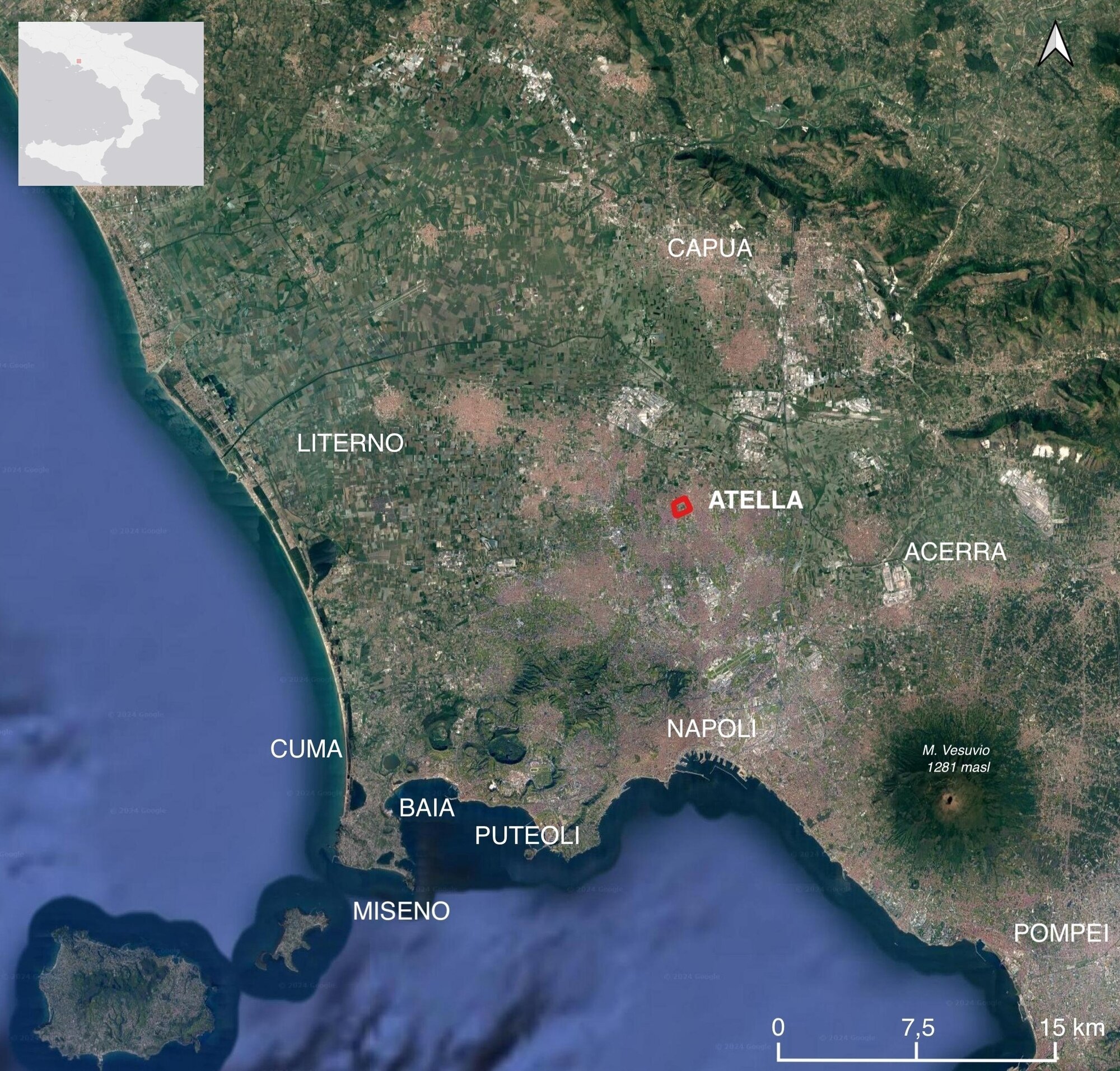 Figure 1 - The location of Atella in the Campania region (southern Italy) on satellite imagery
(Google Earth 2024) (R. Brancato).