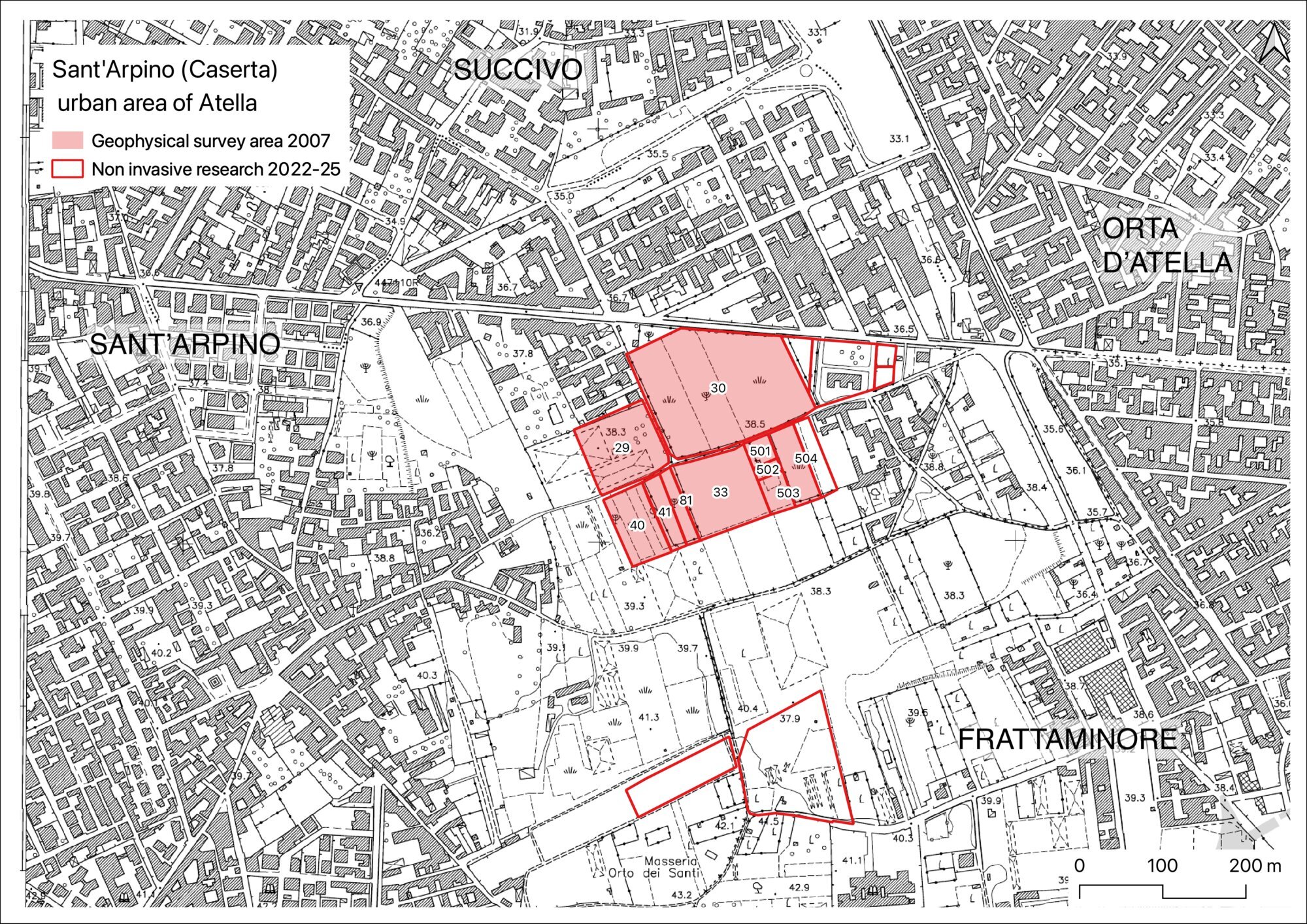 Figure 2 - Area divisions of the archaeological site of Atella (scale 1:10.000) with indication of
the contemporary municipalities (R. Brancato).