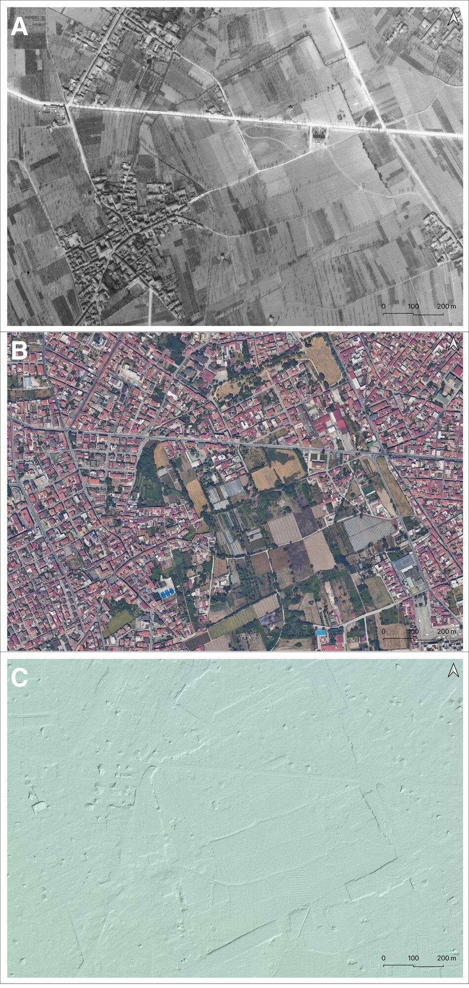 Figure 8 - Atella (A) georeferenced aerial photograph (RAF 1945); (B)
satellite imagery (Google Earth 2024); (C) DTM with a 1 m ground
resolution derived from LiDAR scanning acquired by the Ministry of the
Environment of Italy (R. Brancato).