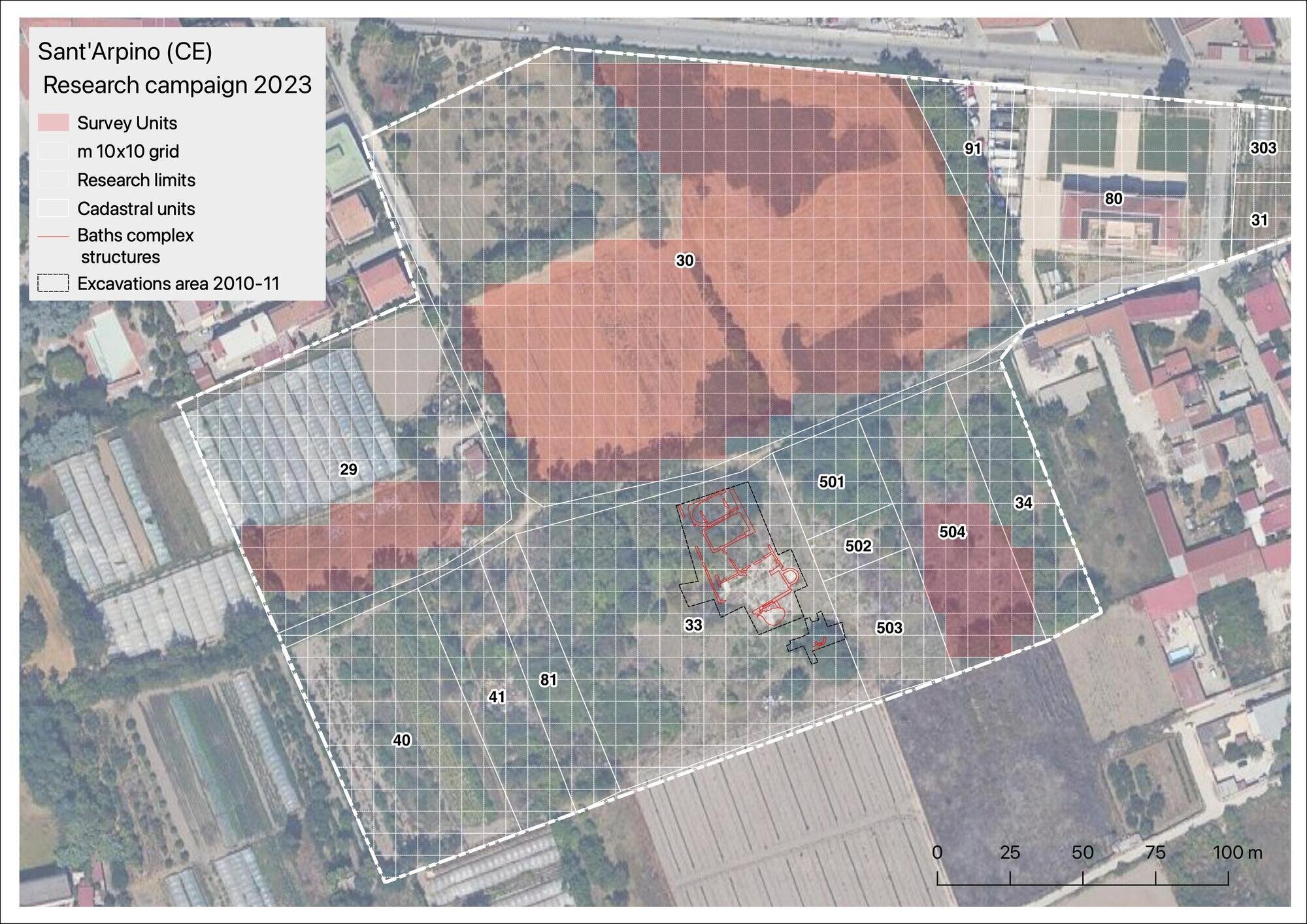 Figure 9 - Project research area with indication of the grid (10 by 10 m) and cadastral units (R. Brancato).