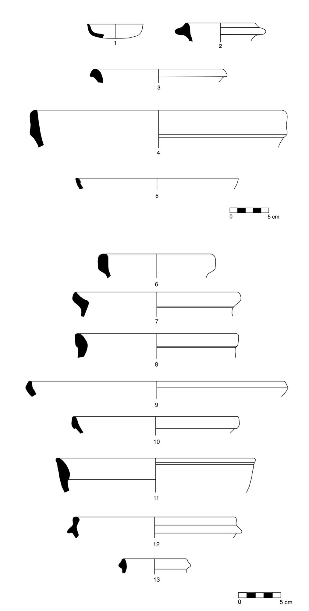 Figure 15 - 2023 survey area (cadastral unit 30), ceramic sherds dating
from the mid-Republican to early Imperial period: black-glazed ware (nos.
1-2), common ware (nos. 3-4), African cooking ware (no. 5). Late Antiquity:
painted ware (nos. 6-8), African red slip ware (nos. 9-10), common ware (nos.
11-13) (E. Canciello, T. Tescione)