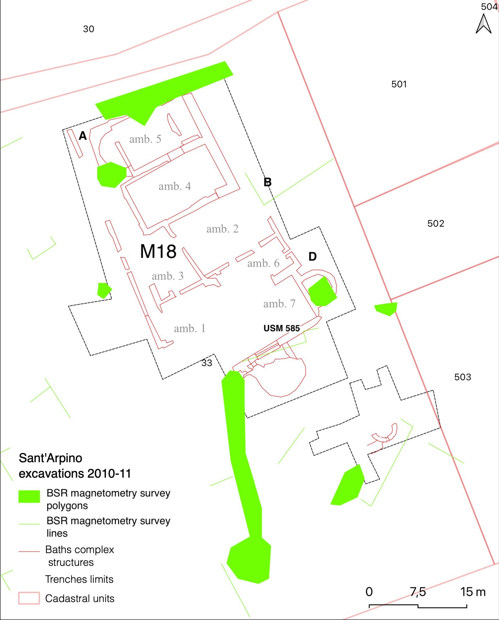 Figure 19 - The bath complex plan compared with the magnetometry results (R. Brancato).
