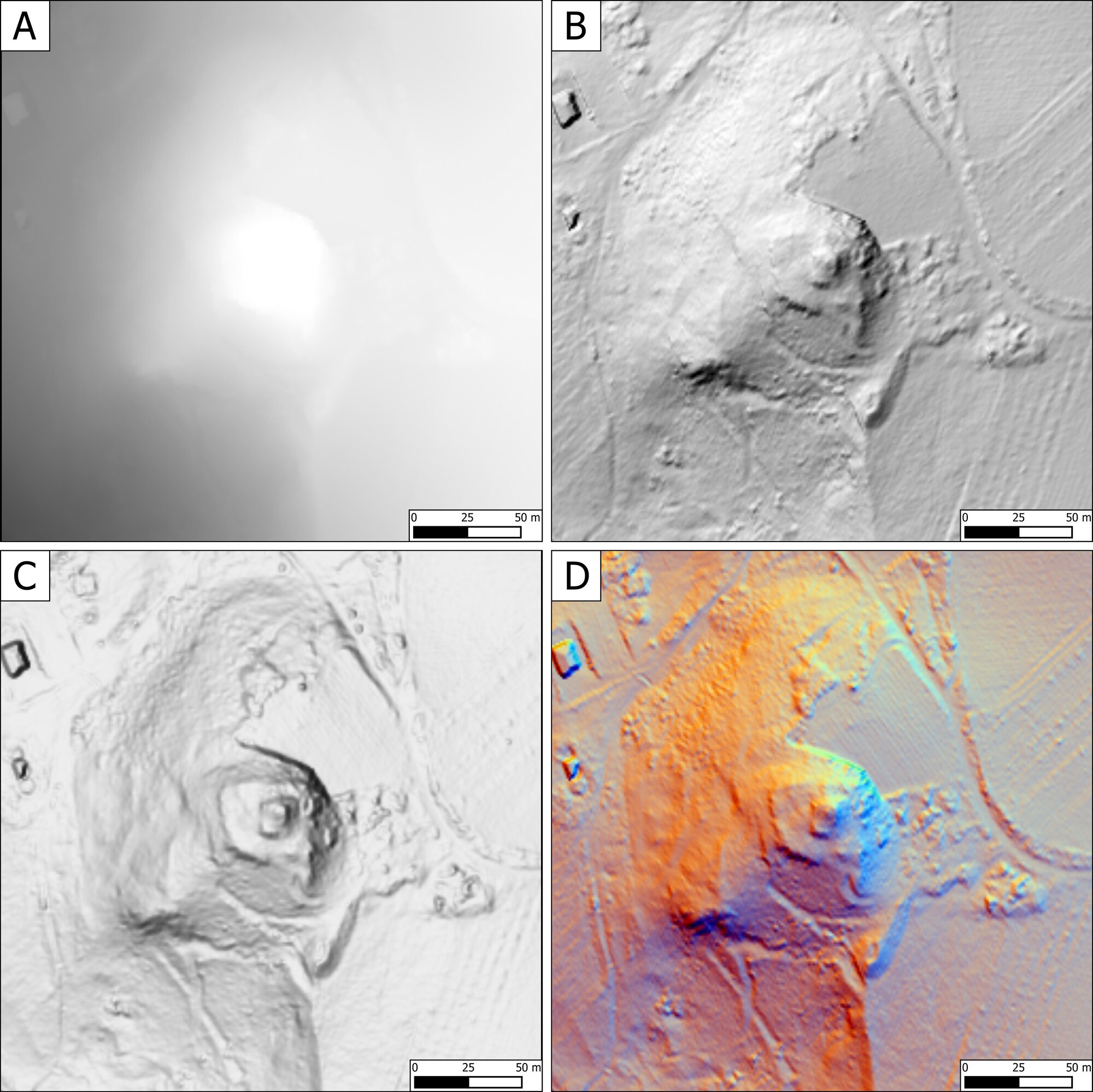 Figure 2 - A. DTM processed with LAStools; B. HS processed in RVT; C. Mutli-HS processed with the Hillshade
function (Multidirectional) tool di ArcGIS Pro; D. Multi-HS processed in RVT.