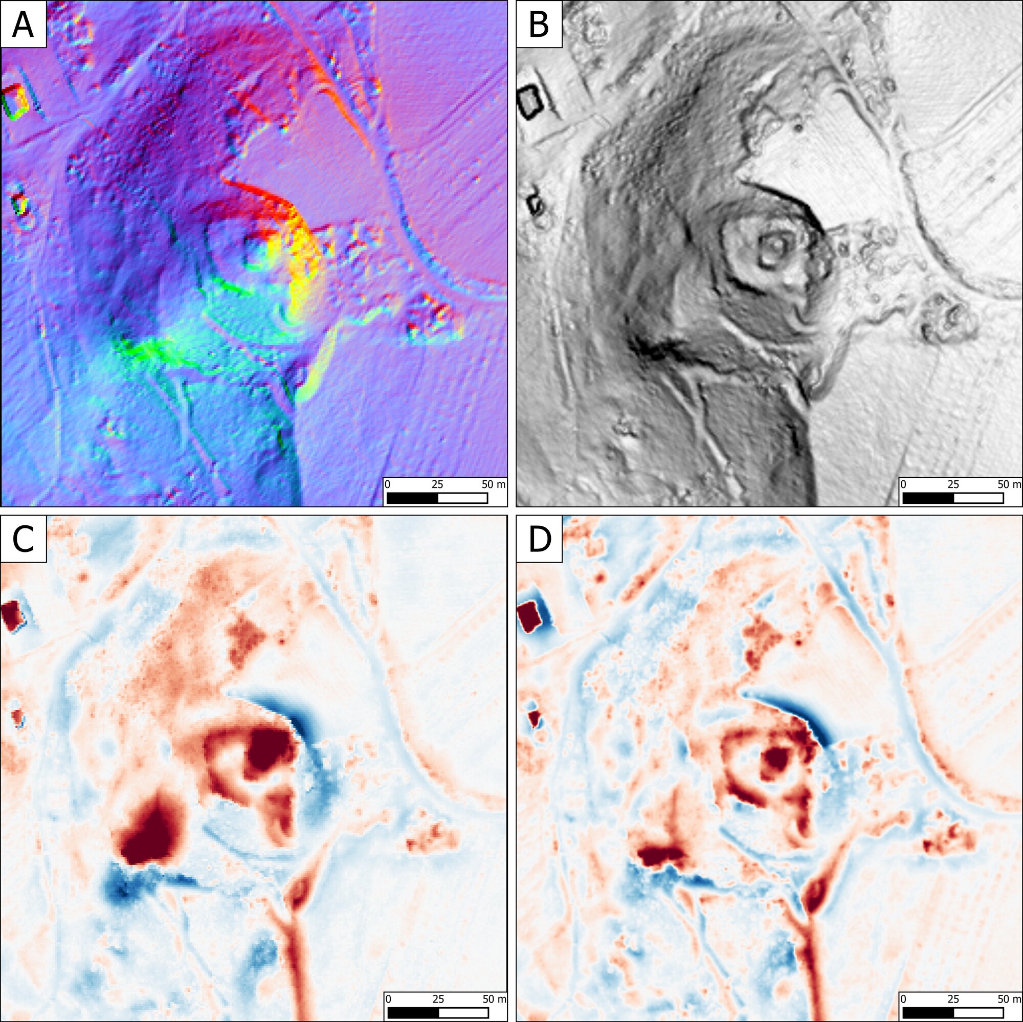 Figure 3 - A. PCA processed in RVT; B. SP processed in RVT; C. SLRM processed in RVT; D. LRM processed with the
Local Relief Model tool in ArcGIS Pro.