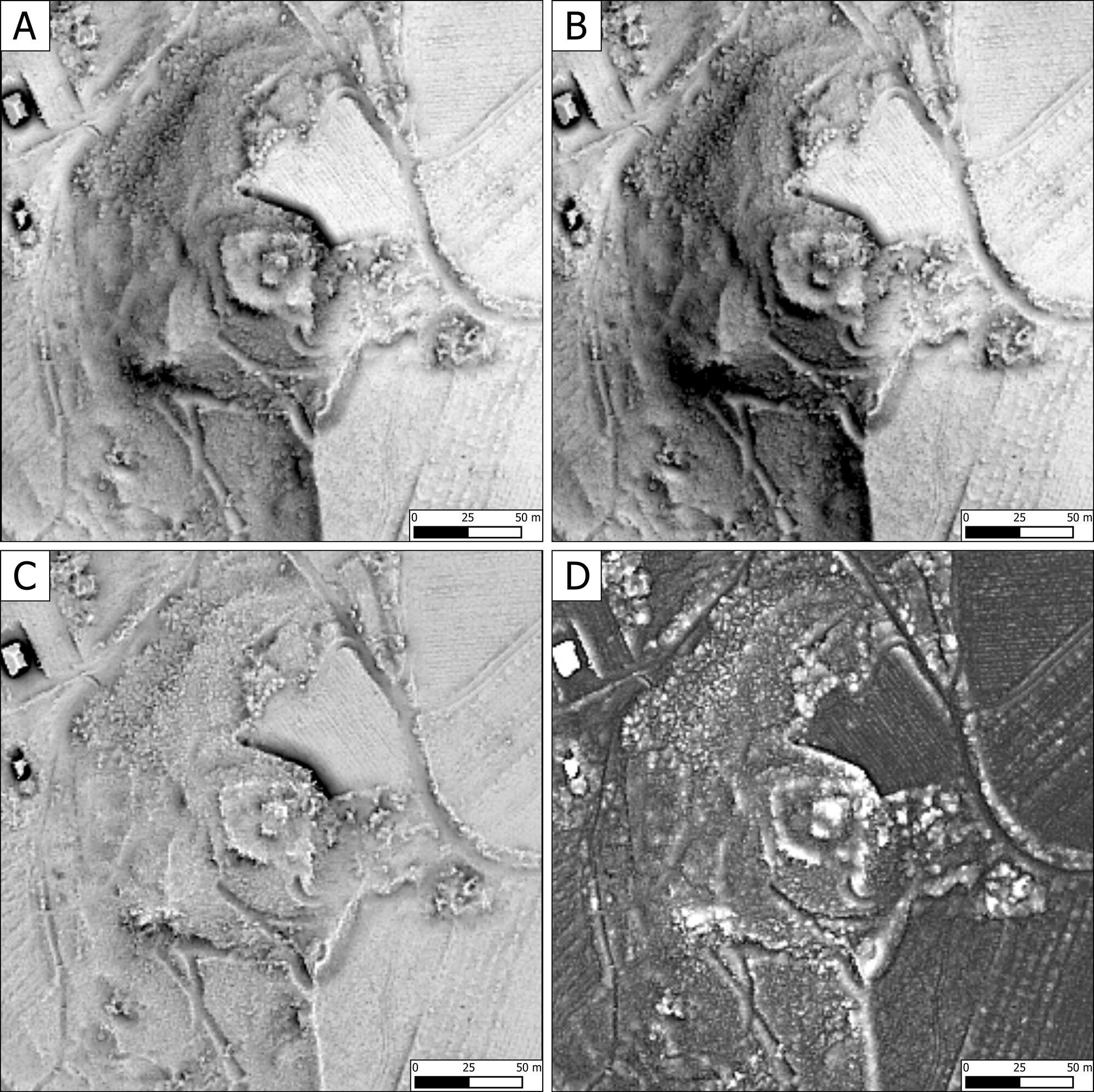 Figure 4 - A. SVF processed in RVT; B. ASVF processed in RVT; C. OP processed in RVT; D. ON processed in RVT.