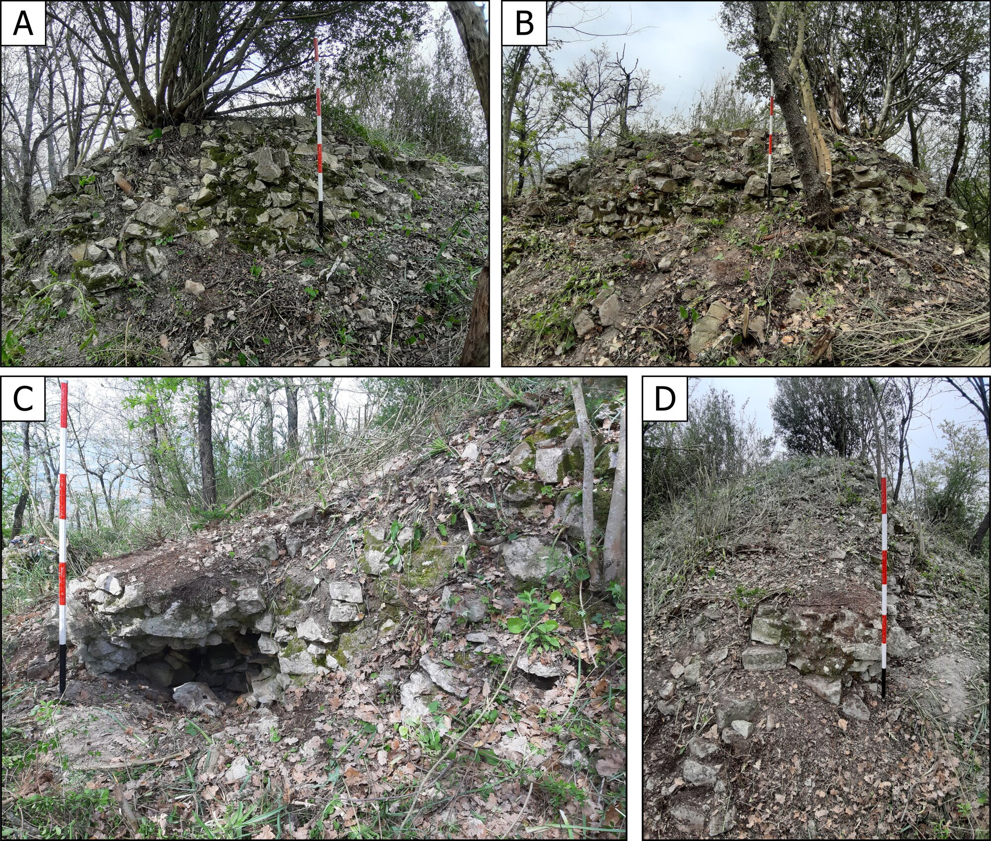 Figure 6 - North angle of the inner wall: A. North wall; B. North-west wall. West corner of the inner wall: C. Southwest
wall (collapse); D. South-west wall (pictured from the south).