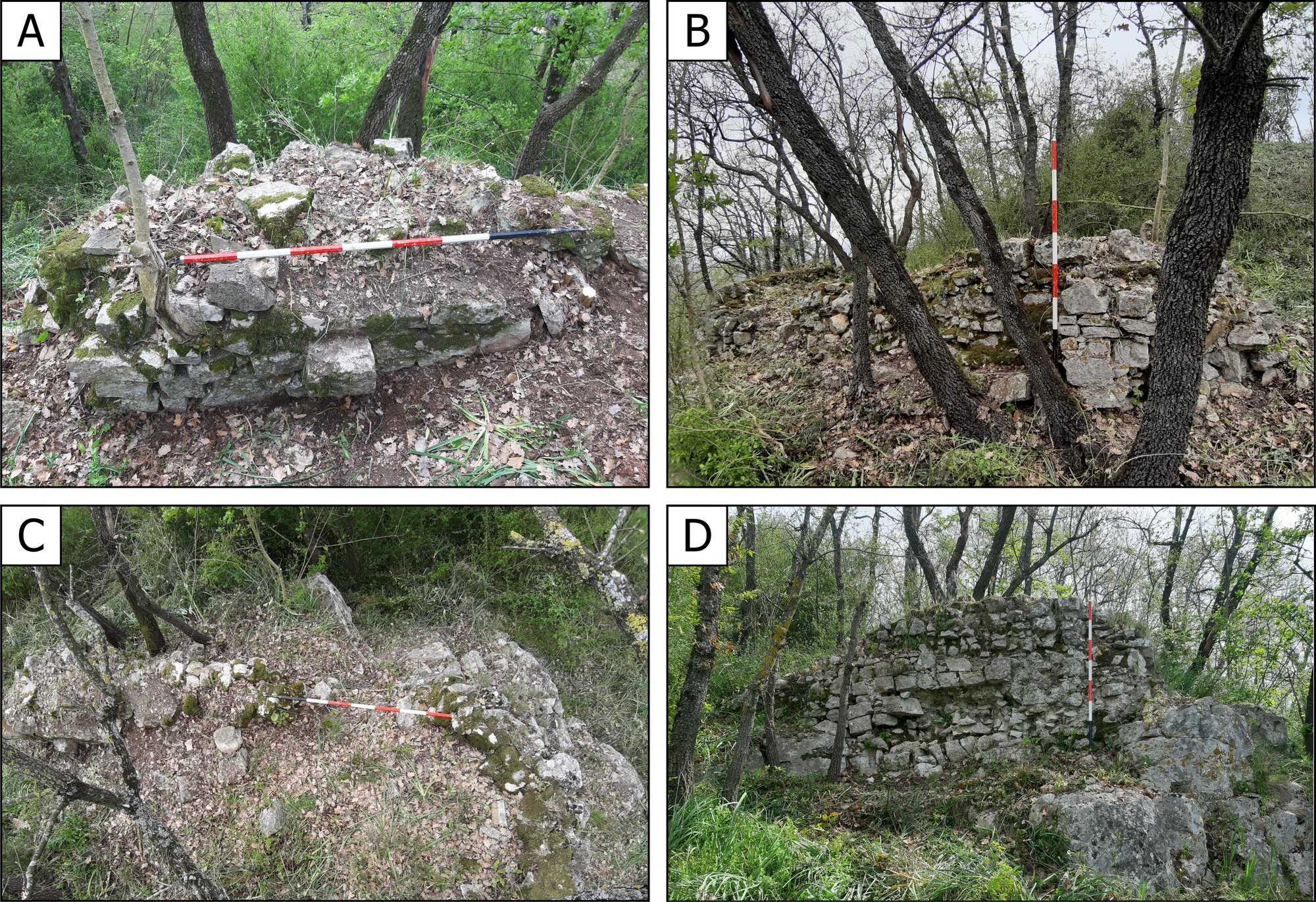 Figure 7 - South south-west of the inner wall: A. Inner side of the south wall; B. External side of the south
wall; C. Corner of the south south-east wall; D. External side of the south-east wall.