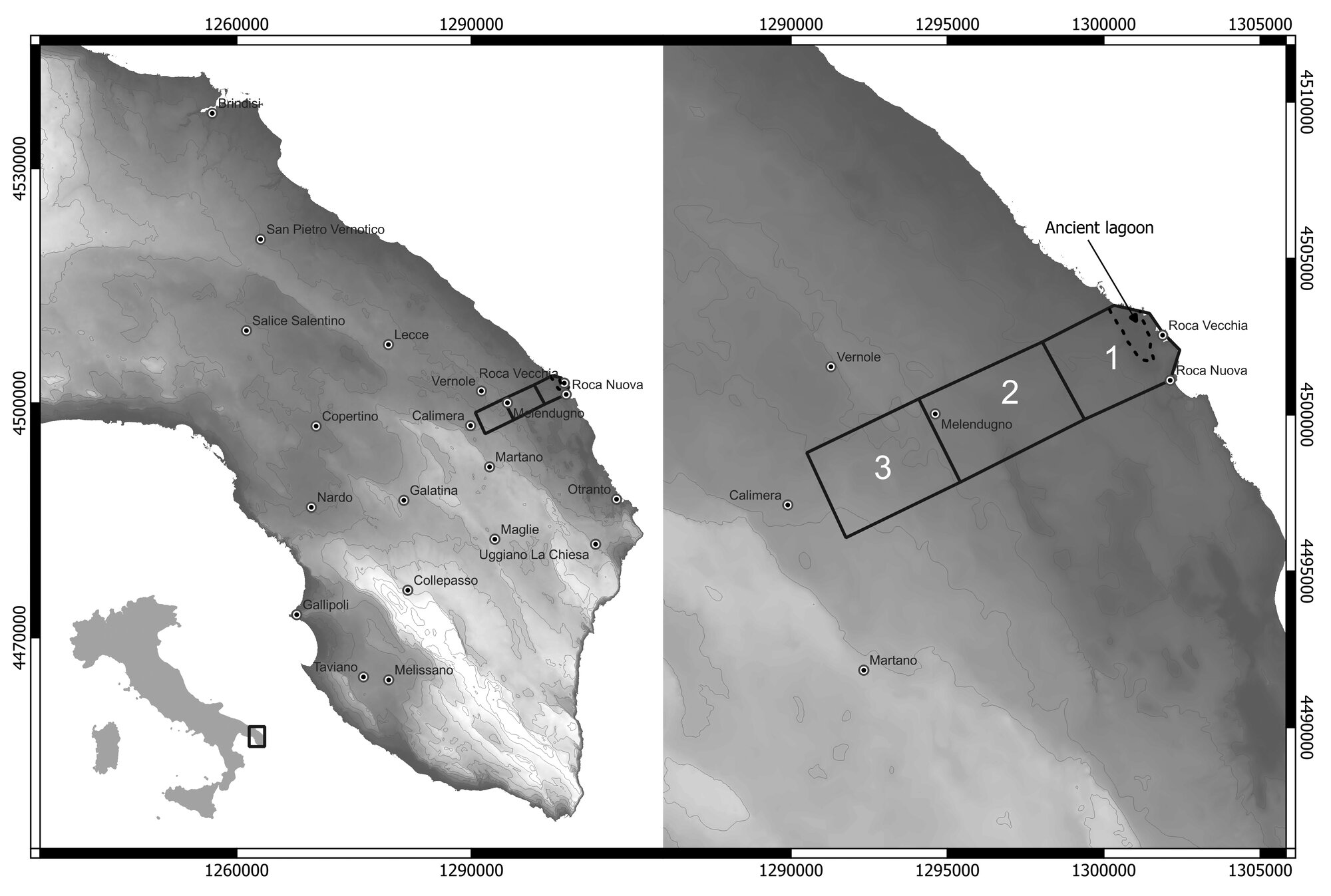 Figure 1 - Main area of the Roca Archaeological Survey (after Iacono et al. 2020).