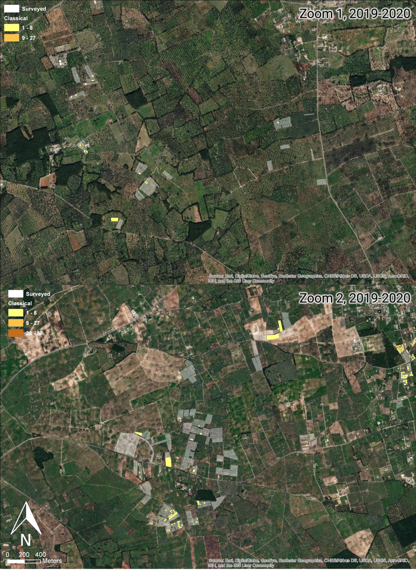 Figure 4 - Distribution of ancient material in the areas 1-2 of Fig. 2