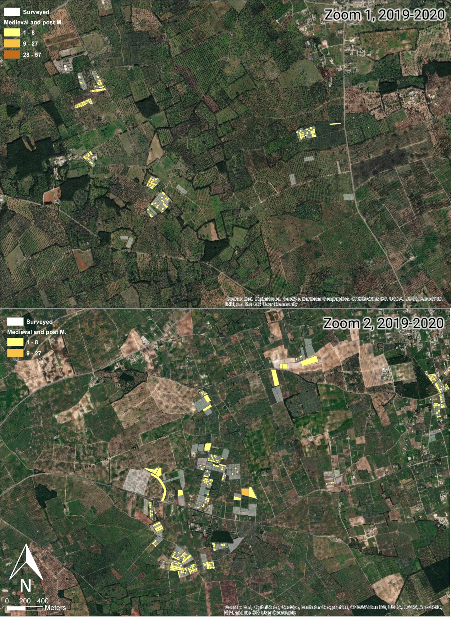 Figure 6 - Distribution of medieval and post-medieval material in the areas 1-2 of Fig. 2