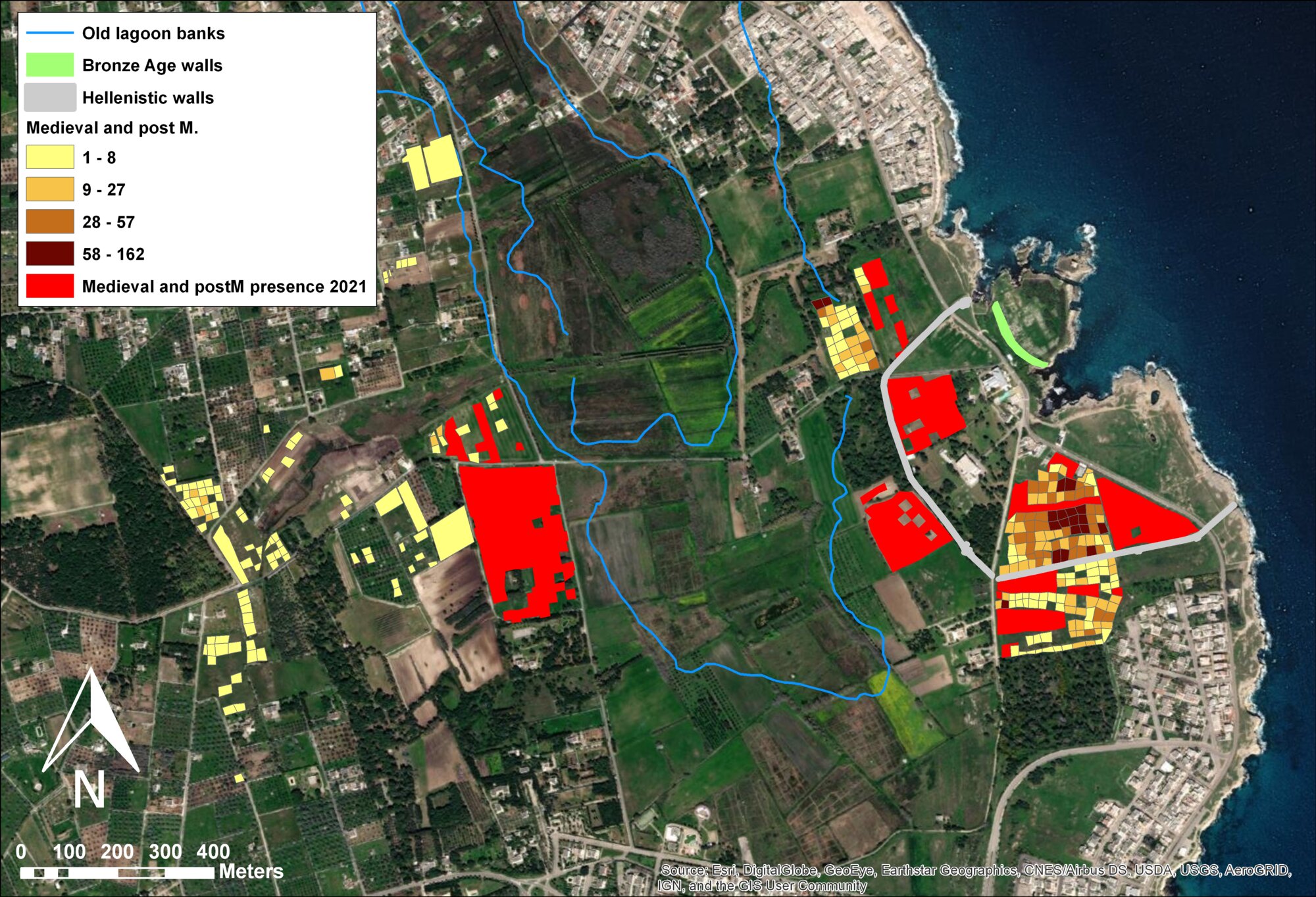 Figure 8 - Distribution of medieval and post-medieval material in the area 3 of Fig. 2
