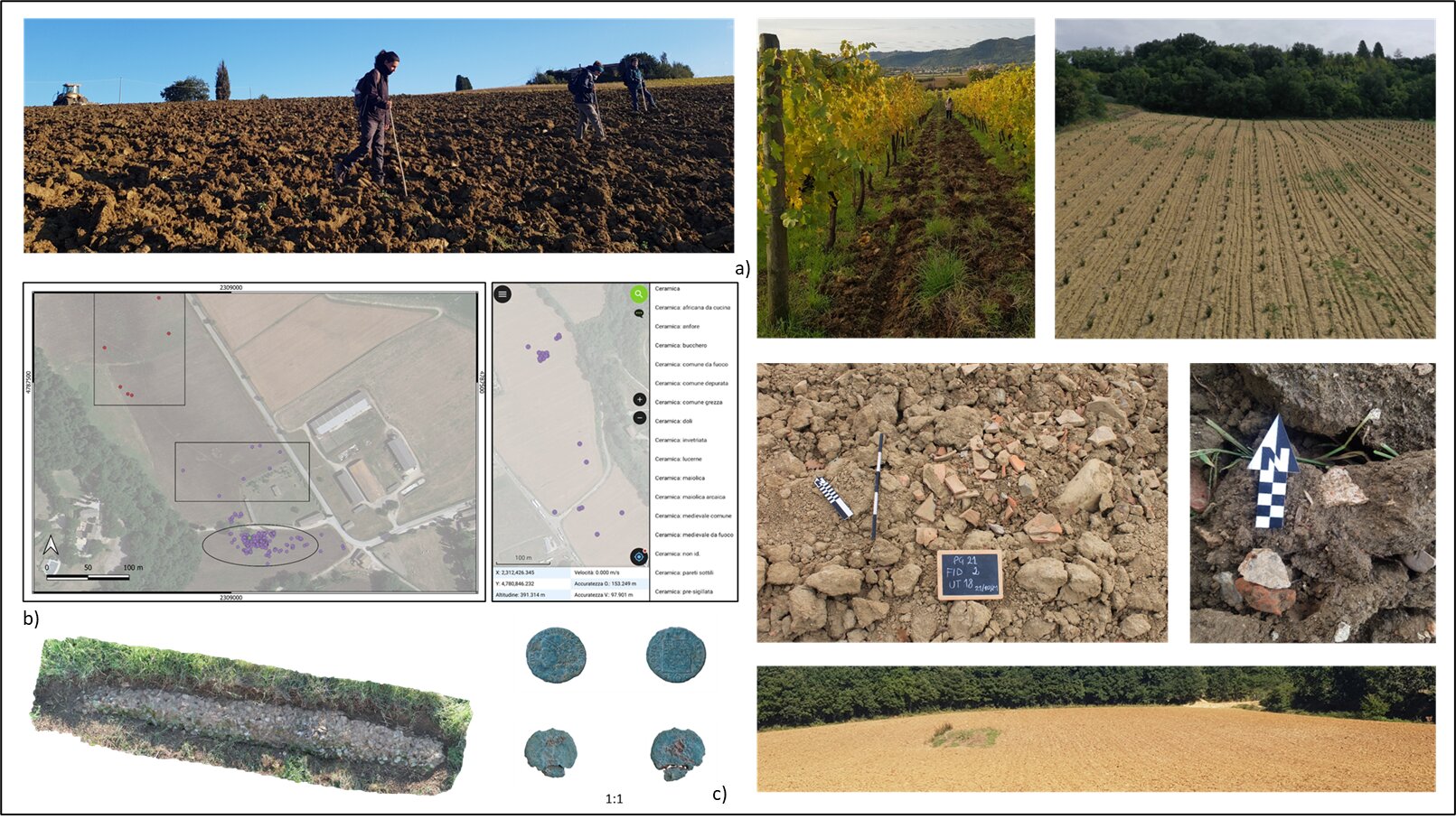 Figure 3 - Some examples of fieldwork activities: a) the pictures above and on the right show the land visibility of the surface and the status of the materials discovered; b)
geo-referencing data collection in real-time with QField and an example of 3D model from survey activities; c) Late Antique coins discovered during the survey activities
