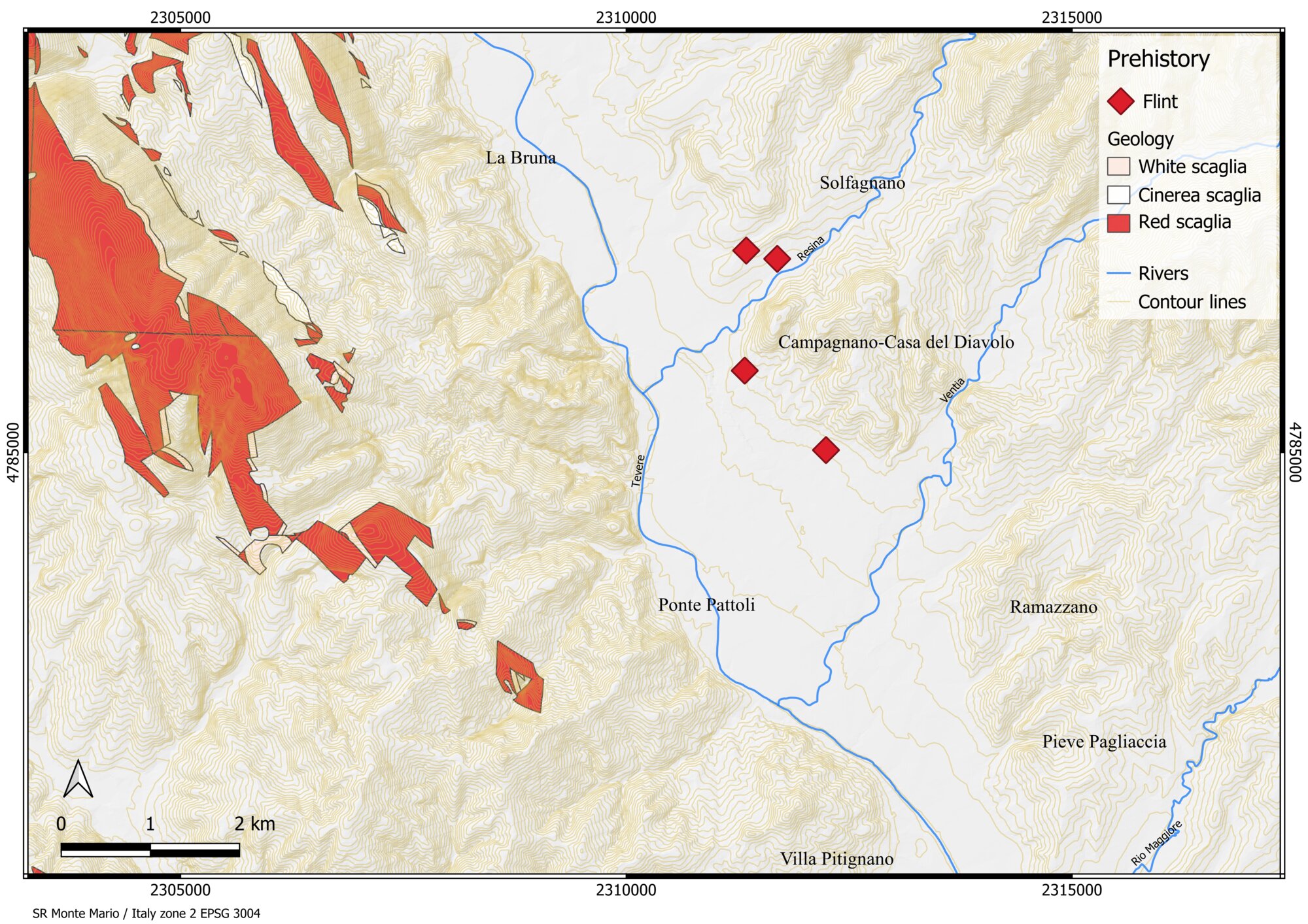 Figure 5 - Presence of Prehistoric materials due to the geological deposits of “scaglia”.