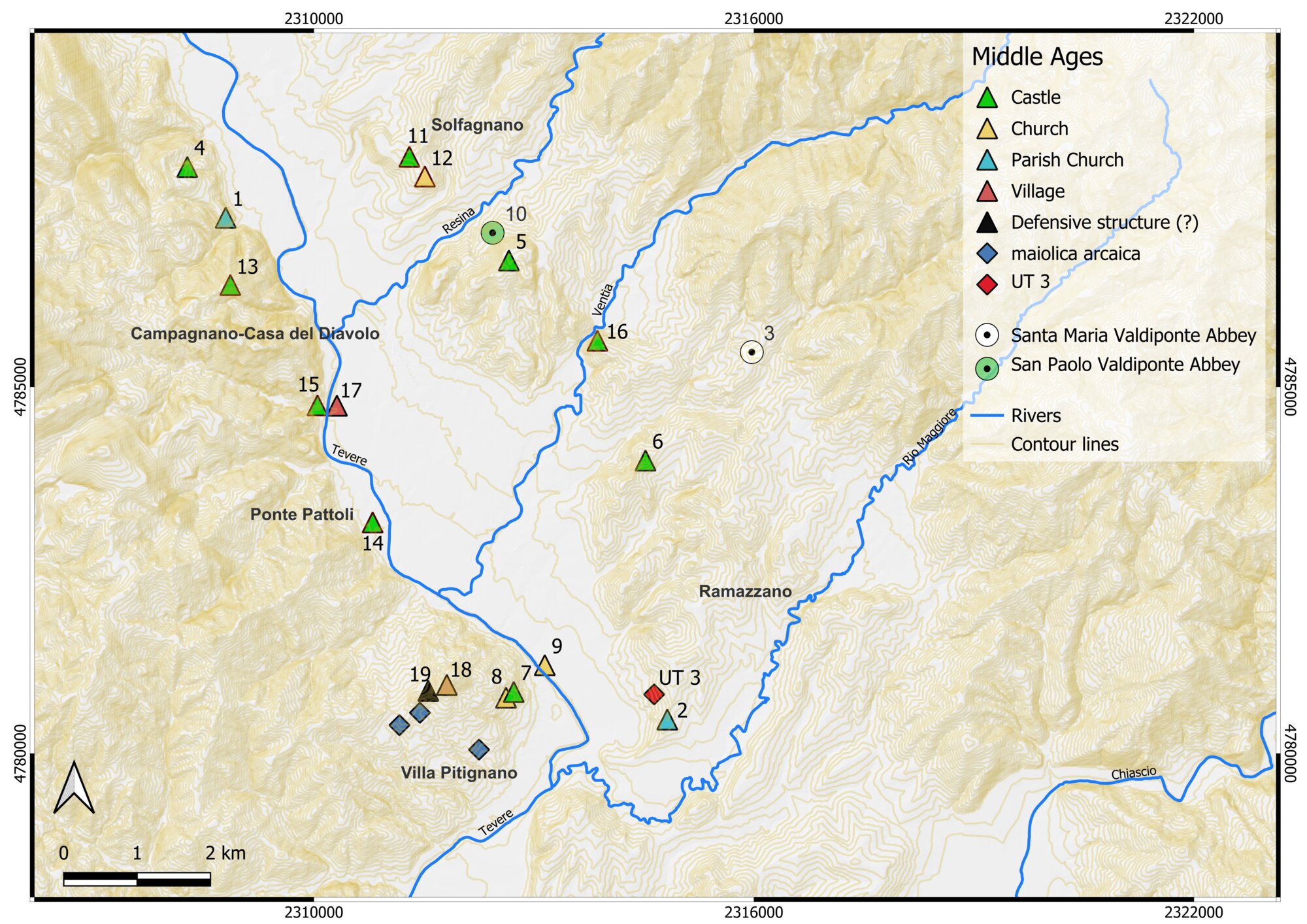 Figure 11 - Evidence and survey data mentioned in the text during the Middle Ages (8th – 14th century AD).