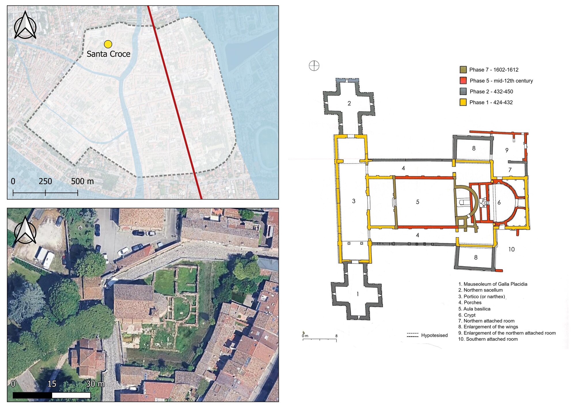 Figure 4 - Right: phase plan of the church of Santa Croce (after David 2013b, with modifications). Above left:
location of the archaeological area in the late-antique Ravenna (elaboration by G. Sigismondo). Bottom left:
satellite image of the site (GoogleSatellite Imagery).