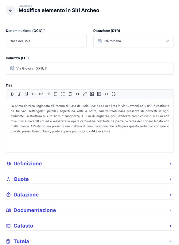 Figure 1 - Site card
management in the Directus
administration area. It
allows administrators to
view, edit, and manage
detailed information about
archaeological sites.